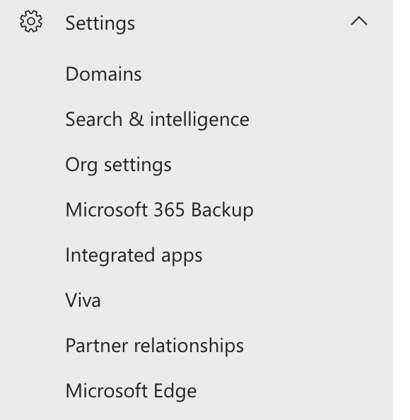 Microsoft 365 admin centre Settings menu showing the Integrated apps option